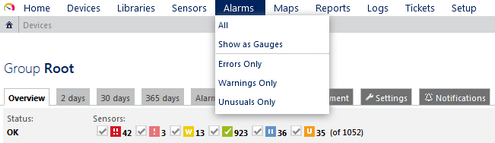 PRTG Main Menu: Alarms PRTG Main Menu: Alarms
