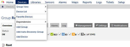 PRTG Main Menu: Devices PRTG Main Menu: Devices