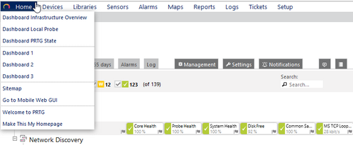 PRTG Main Menu: Home PRTG Main Menu: Home