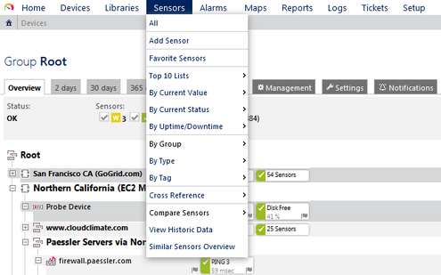 PRTG Main Menu: Sensors PRTG Main Menu: Sensors