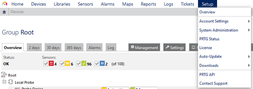 PRTG Main Menu: Setup PRTG Main Menu: Setup