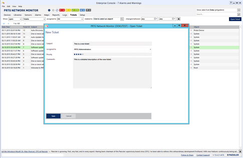 Open Ticket Dialog in PRTG Enterprise Console Open Ticket Dialog in PRTG Enterprise Console